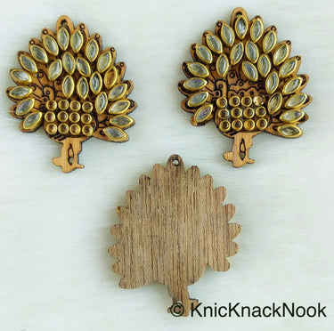 Peacock Shaped Wood Buttons With Clear Kundan Beads, Decorative Buttons, Carved Buttons